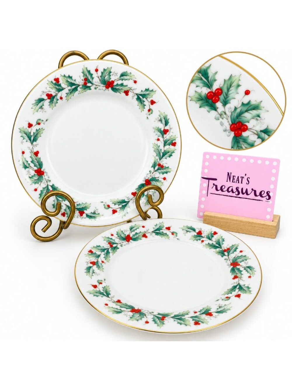 China Pearl NOEL Green Holly & Berries White Christmas China Salad Plates Set 2